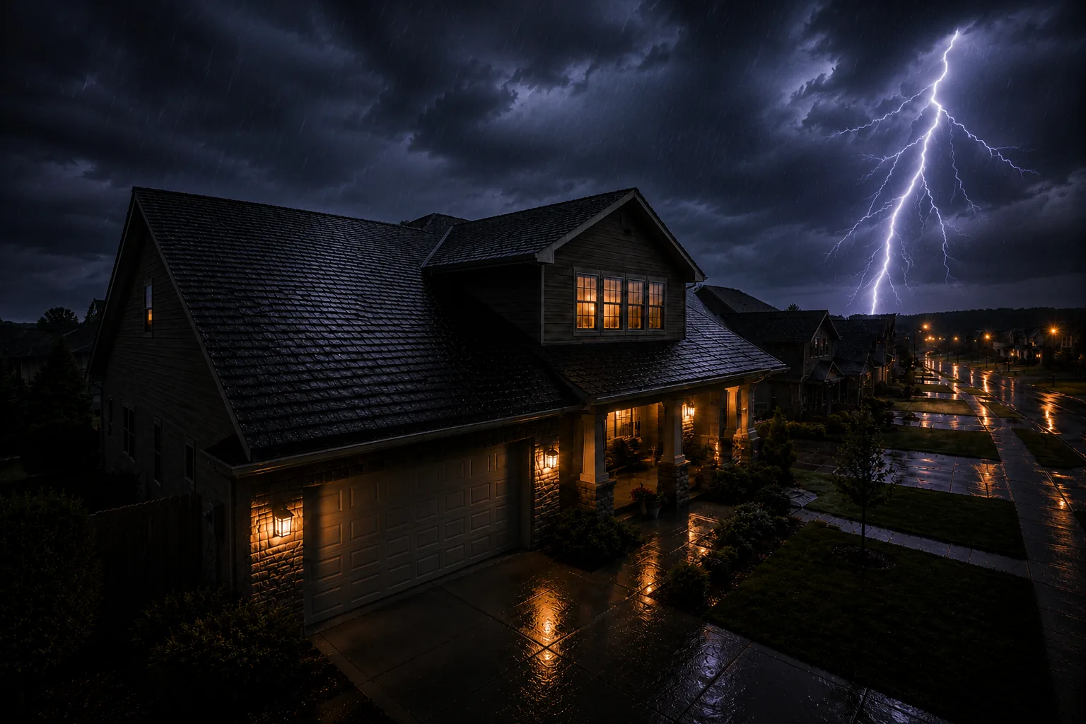 Wide storm house with lightning