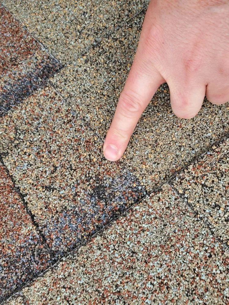 Close-up of asphalt shingle granules with a hand pointing to a marked area