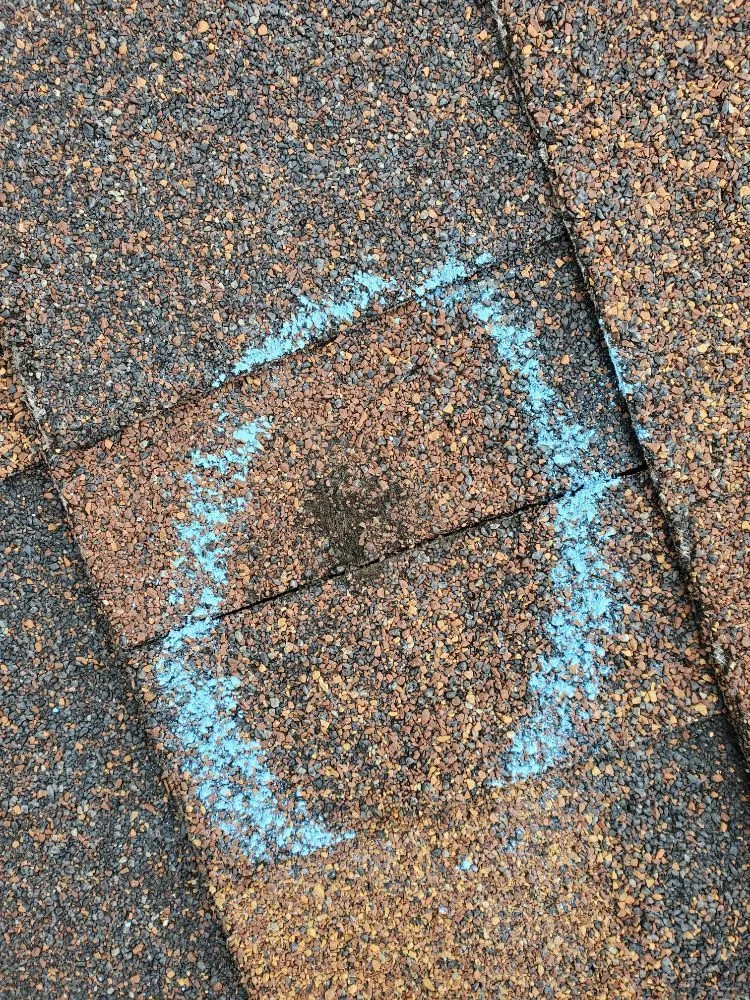 Chalk-marked area on asphalt shingles examined during a roof inspection