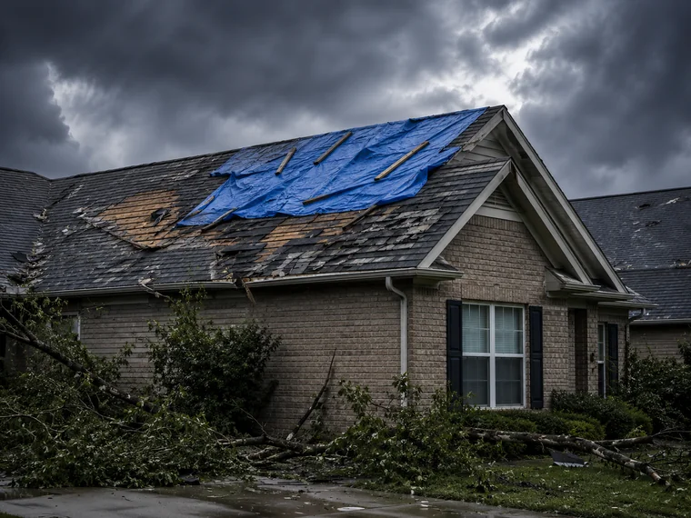 Storm damaged roof with blue tarp
